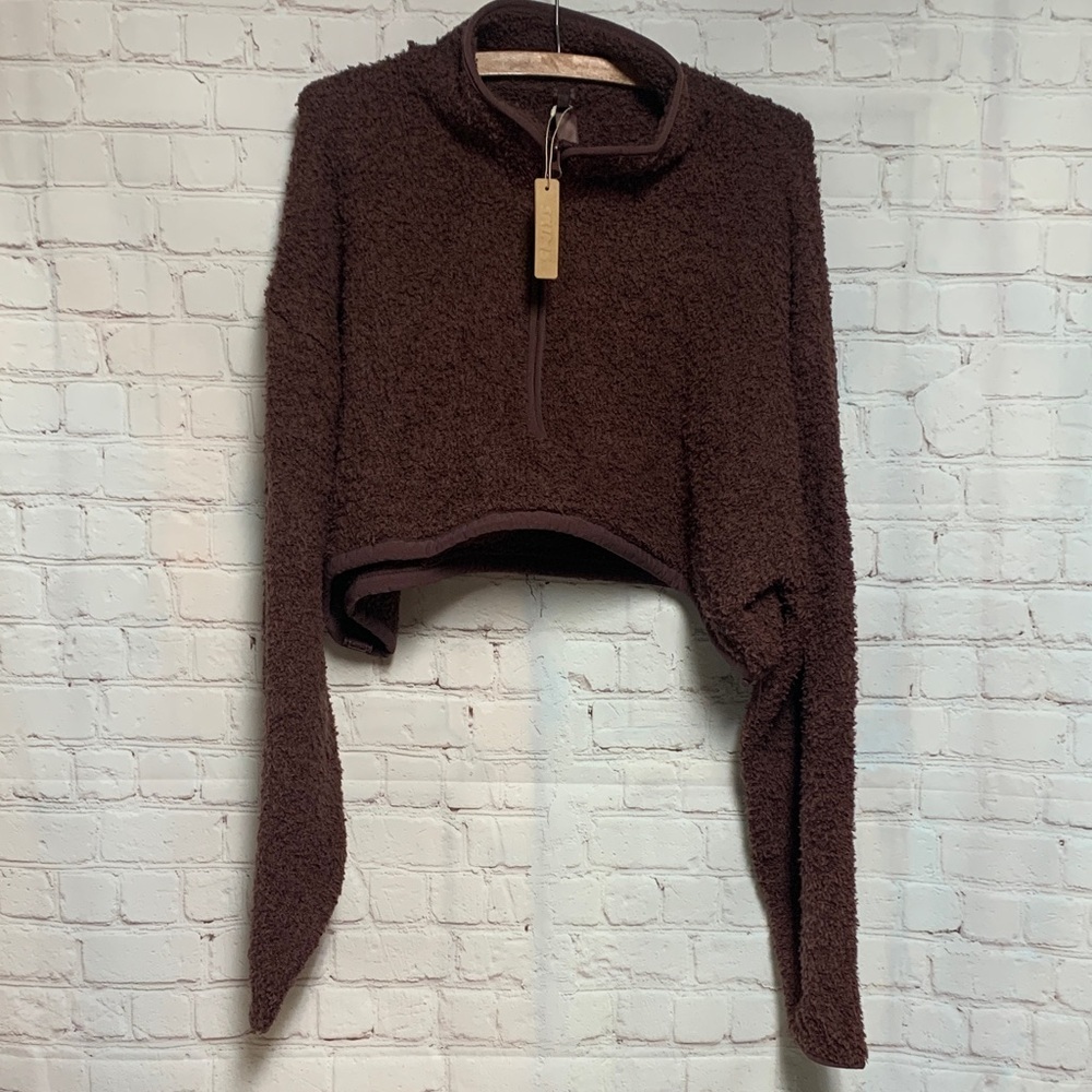 SKIMS Brown Sherpa Crop Half-Zip Jacket